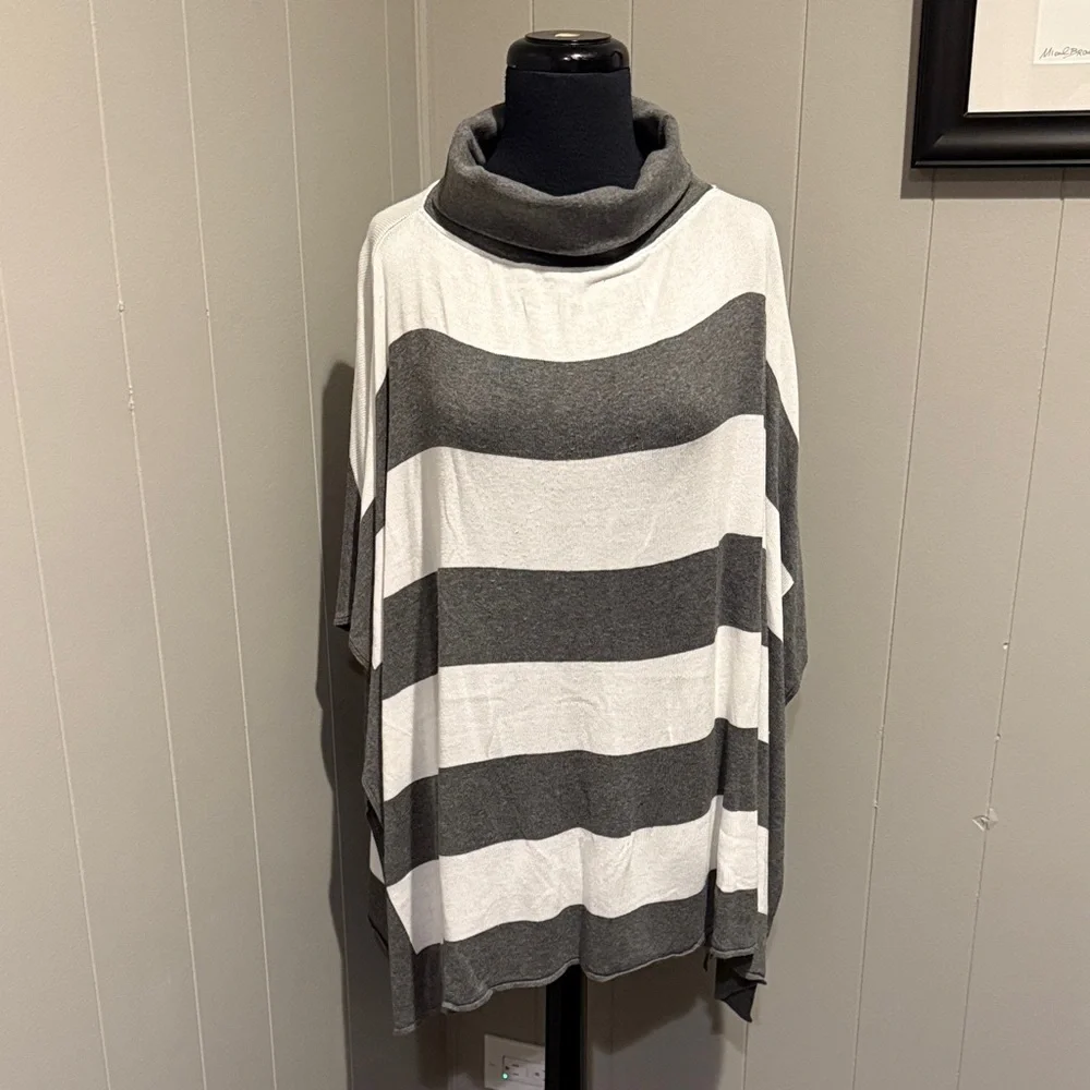 M. Rena Charcoal and White Striped Cowl Neck Preppy Sweater Poncho